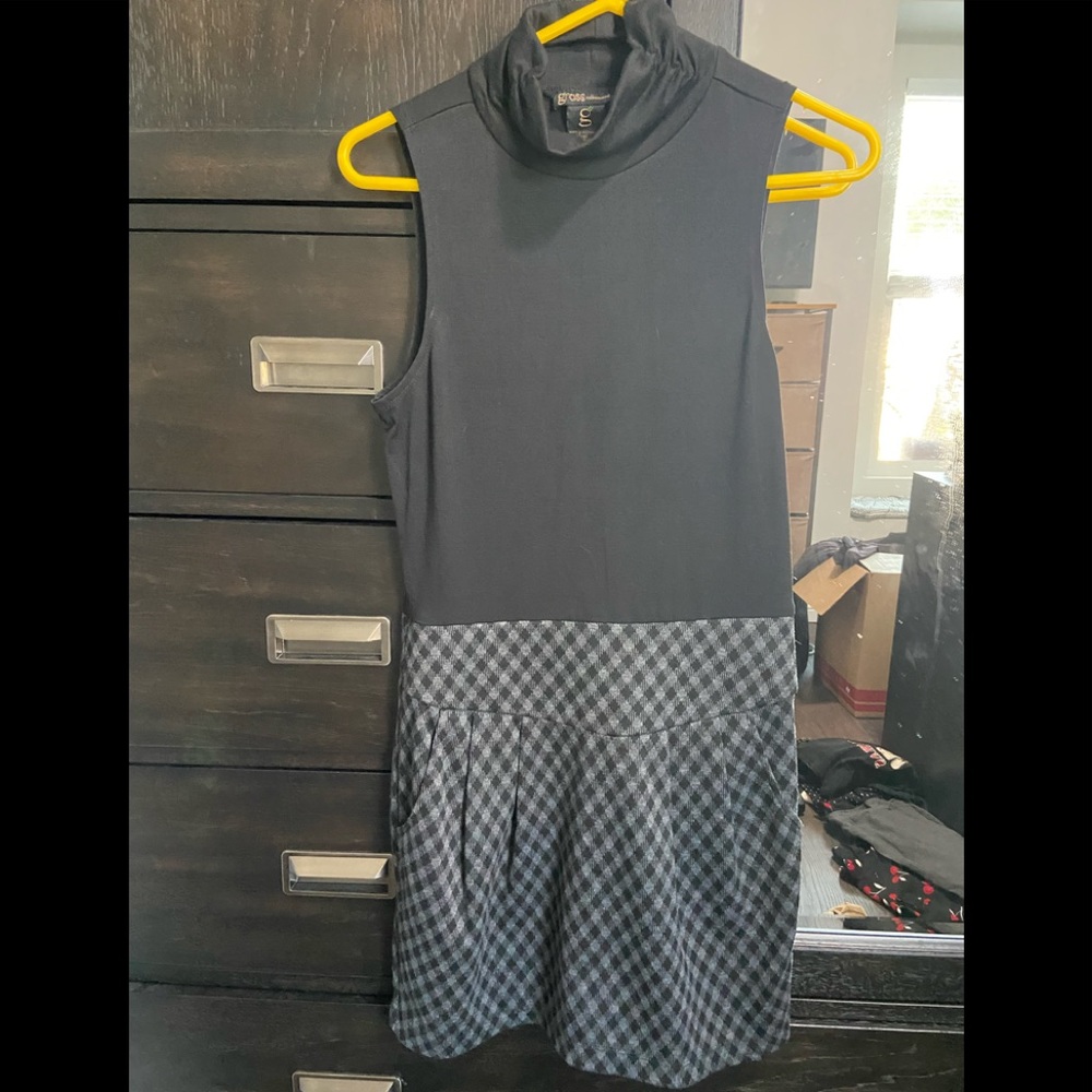Macys- grass collection Black plaid high neck dress size m